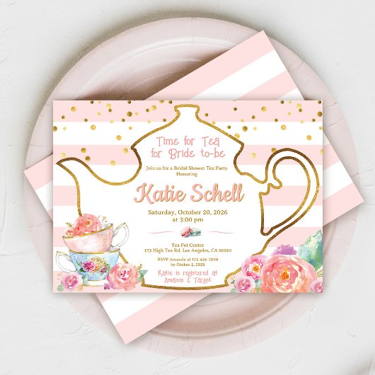 Bridal Shower Tea Party Pink And Gold Floral 招待状