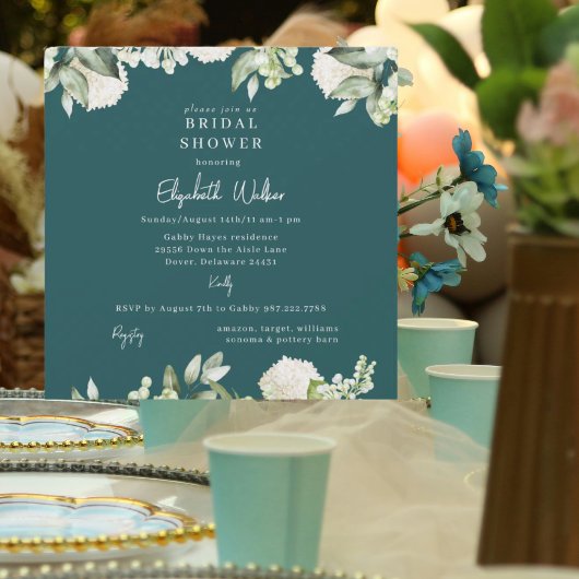 Bridal Shower Teal White Hydrangea Square 招待状