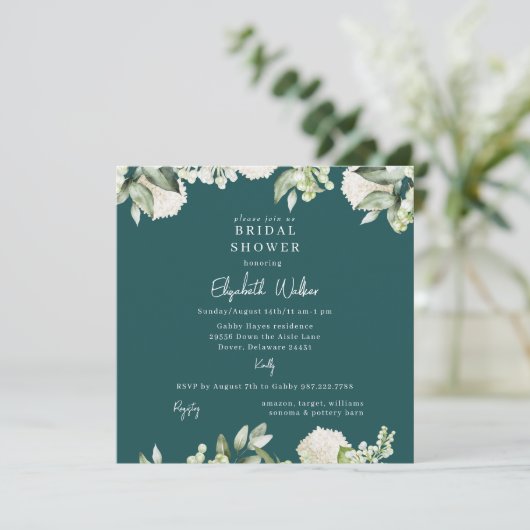 Bridal Shower Teal White Hydrangea Square 招待状 (スタンド正面)