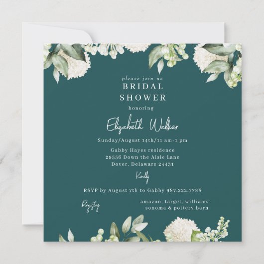 Bridal Shower Teal White Hydrangea Square 招待状 (正面)