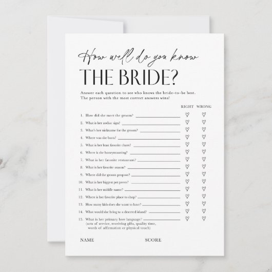 Bridal Shower Trivia Questionnaire Game Card 招待状 (正面)