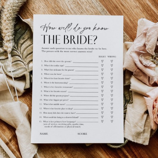 Bridal Shower Trivia Questionnaire Game Card 招待状