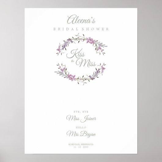Bridal Shower Watercolor Flowers Garland in Purple ポスター (正面)