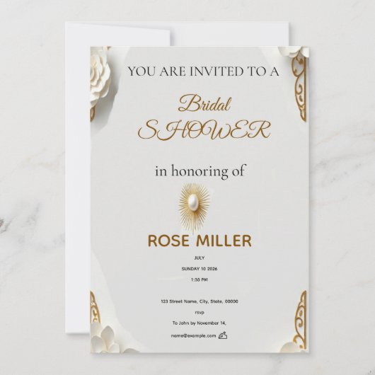 Bridal shower watercolor ,gold and classic invitat 招待状 (正面)