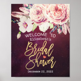 Bridal Shower Welcome Floral Feathers Burgundy Red ポスター