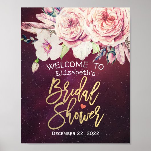 Bridal Shower Welcome Floral Feathers Burgundy Red ポスター (正面)