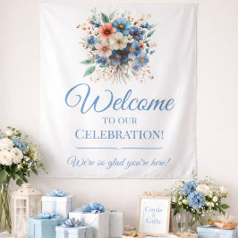 Bridal Shower Welcome Sign Blue Floral Event Sign タペストリー