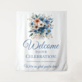 Bridal Shower Welcome Sign Blue Floral Event Sign タペストリー (正面)
