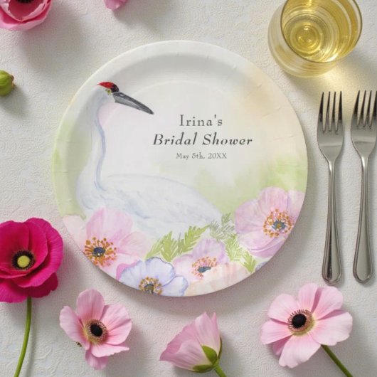 Bridal Shower Whooping Crane with Pastel Anemones  ペーパープレート