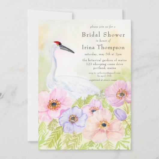 Bridal Shower Whooping Crane with Pastel Anemones  招待状 (正面)