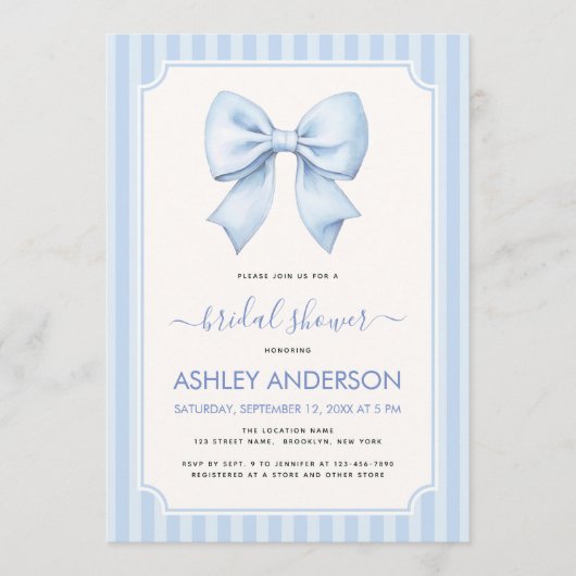 Bridal Shower with Blue Bow and Stripes 招待状 (正面)