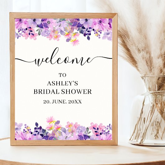 Bridal shower with watercolor Purple Flowers ポスター
