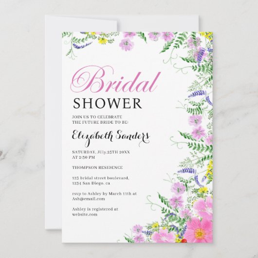 Bridal shower with wildflowers Pink Colors 招待状 (正面)