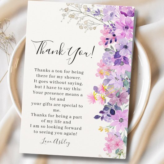 Bridal shower with wildflowers Purple Tones サンキューカード