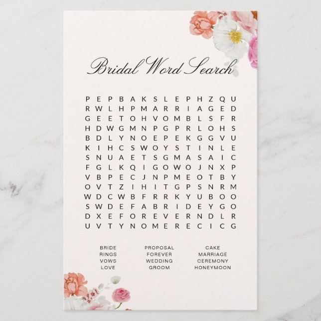 Bridal Shower Word Search Floral Game Card (正面)