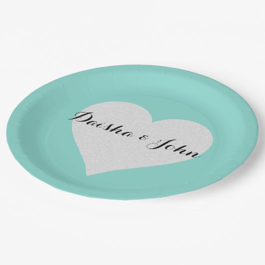 BRIDEティール（緑がかった色）ブルー&シルバーハートブライダルシャワーパーティー ペーパープレート (アングル)