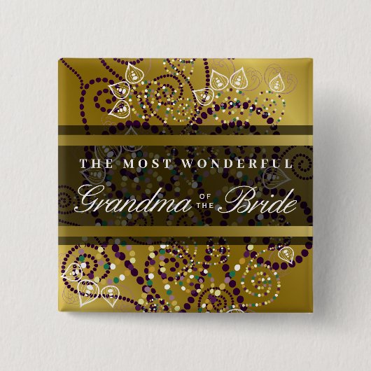 BRIDEボホパープルらせん状金ゴールドシック結婚ズボタン 缶バッジ (正面)