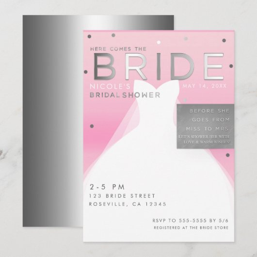 BRIDE到来！シルバー＆ピンクの上品なブライダルシャワー 招待状 (正面/裏面)