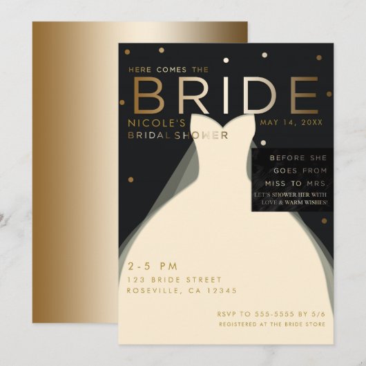 BRIDE到来 Cream ブラック ゴールド ブライダルシャワー 招待状 (正面/裏面)