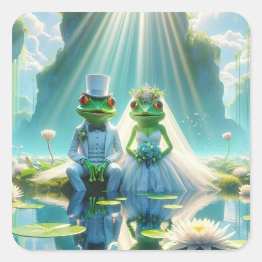 Bride and Groom Frogs On Lily Pad スクエアシール (正面)