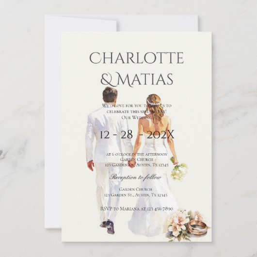 bride and groom silhouette Boho Floral Wedding 招待状 (正面)