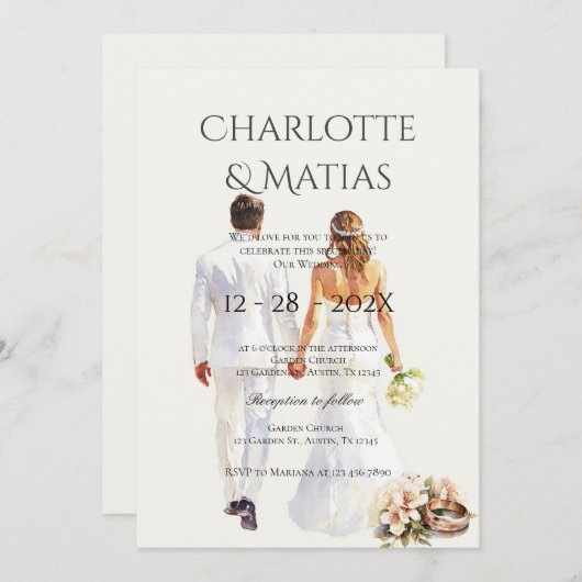 bride and groom silhouette Boho Floral Wedding 招待状 (正面/裏面)