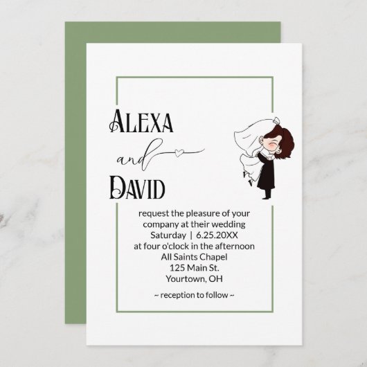 Bride and Groom with Sage Green Border 招待状 (正面/裏面)