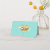 BRIDE & CO金ゴールドハートティール(緑がかった色)ブルーサンキュー プレイスカード (正面)