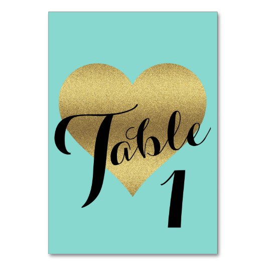 Bride & Co金ゴールドハートティール(緑がかった色)ブルーシャワーパーティー テーブルナンバー (正面)