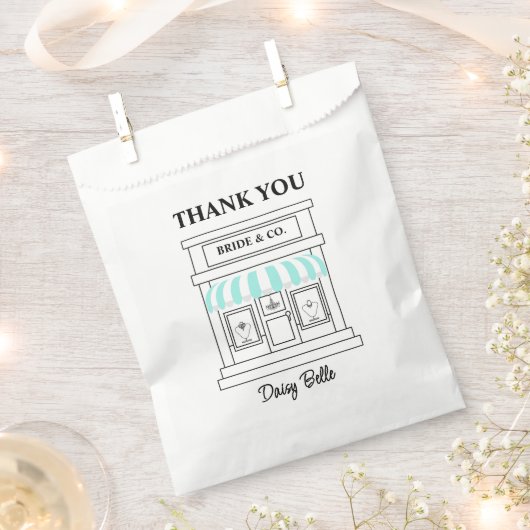Bride & Co. Bridal Shower Turquoise フェイバーバッグ (クリップ留めされた状態)