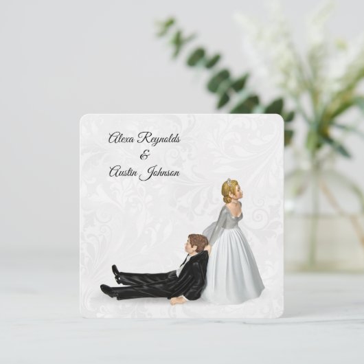 Bride Dragging The Groom Wedding Humor 招待状 (スタンド正面)