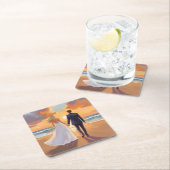 Bride & Groom Beach Wedding Watercolor スクエアペーパーコースター (インサイチュ)