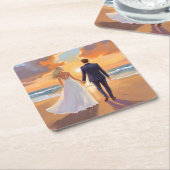 Bride & Groom Beach Wedding Watercolor スクエアペーパーコースター (アングル)