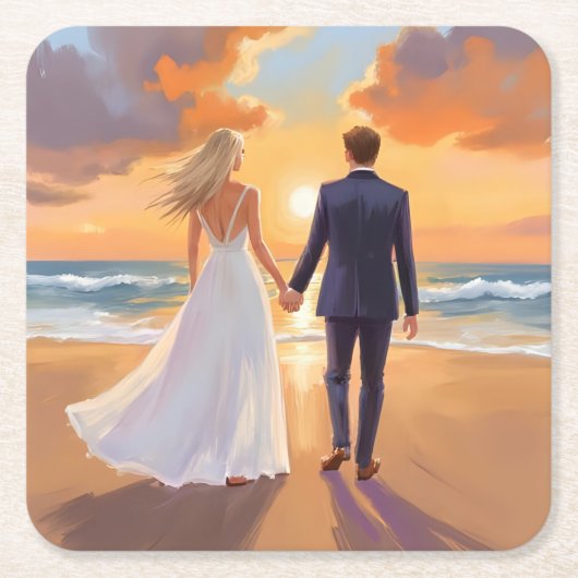 Bride & Groom Beach Wedding Watercolor スクエアペーパーコースター (正面)