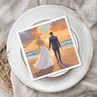 Bride & Groom Beach Wedding Watercolor スタンダードカクテルナプキン