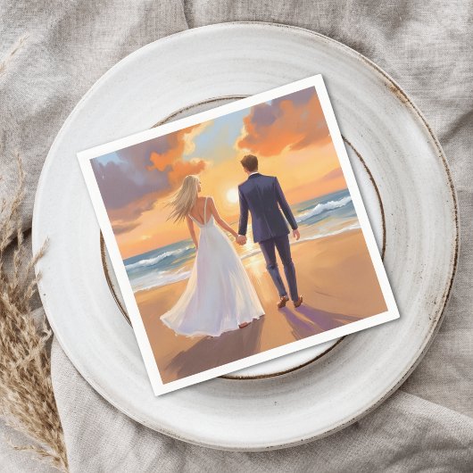 Bride & Groom Beach Wedding Watercolor スタンダードカクテルナプキン
