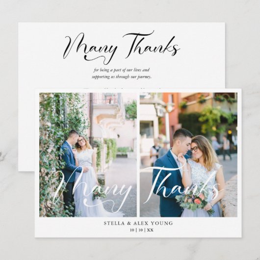 Bride & Groom Chic 2 Photos Collage Hand Lettered サンキューカード (正面/裏面)