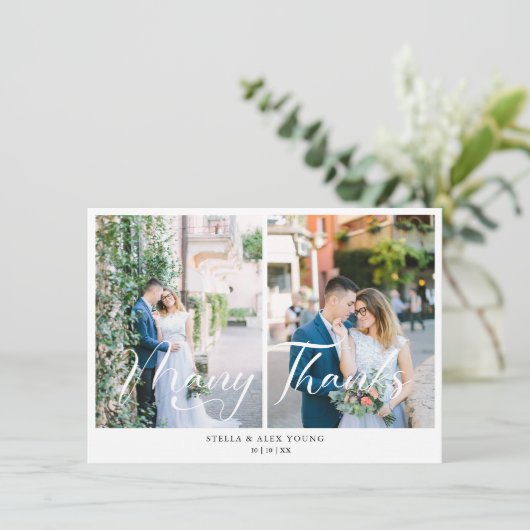 Bride & Groom Chic 2 Photos Collage Hand Lettered サンキューカード (スタンド正面)