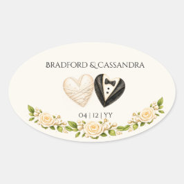 Bride Groom Heart Floral Custom Name Date 楕円形シール