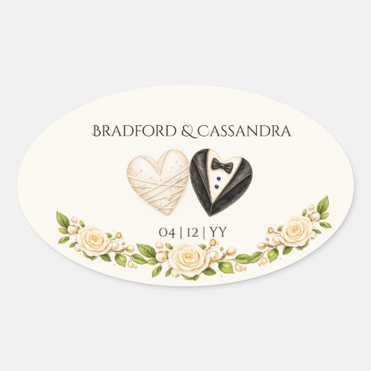 Bride Groom Heart Floral Custom Name Date 楕円形シール (正面)