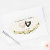 Bride Groom Heart Floral Custom Name Date 楕円形シール (封筒)