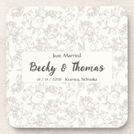 Bride & Groom on white floral Wedding Party コースター