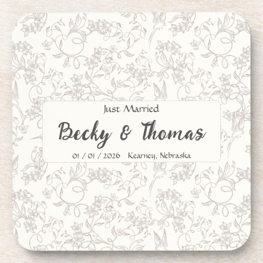Bride & Groom on white floral Wedding Party コースター (正面)