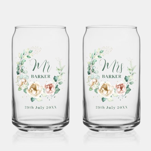 Bride & Groom Personalized Mr & Mrs  Floral ガラス缶 (正面)