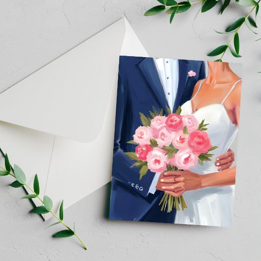 Bride & Groom Wedding Bouquet Watercolor Card
