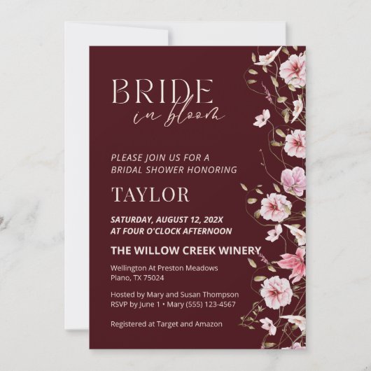 Bride in Bloom Burgundy Floral Bridal Shower 招待状 (正面)