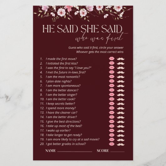 Bride in Bloom He Said She Said Bridal Shower Game (正面)