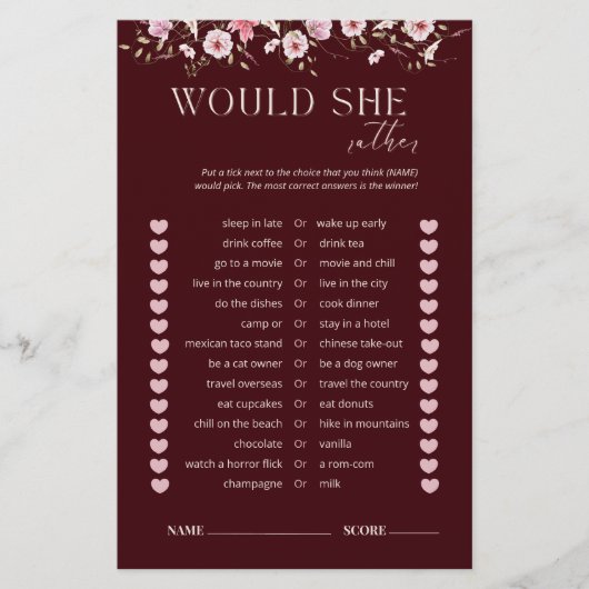 Bride in Bloom Would She Rather Bridal Shower Game (正面)