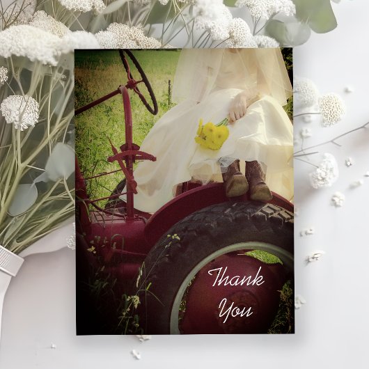Bride on Tractor Country Farm 結婚's Thank You ポストカード