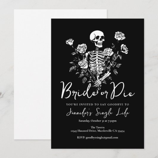 Bride or Die Floral Skeleton Bachelorette Party 招待状 (正面/裏面)